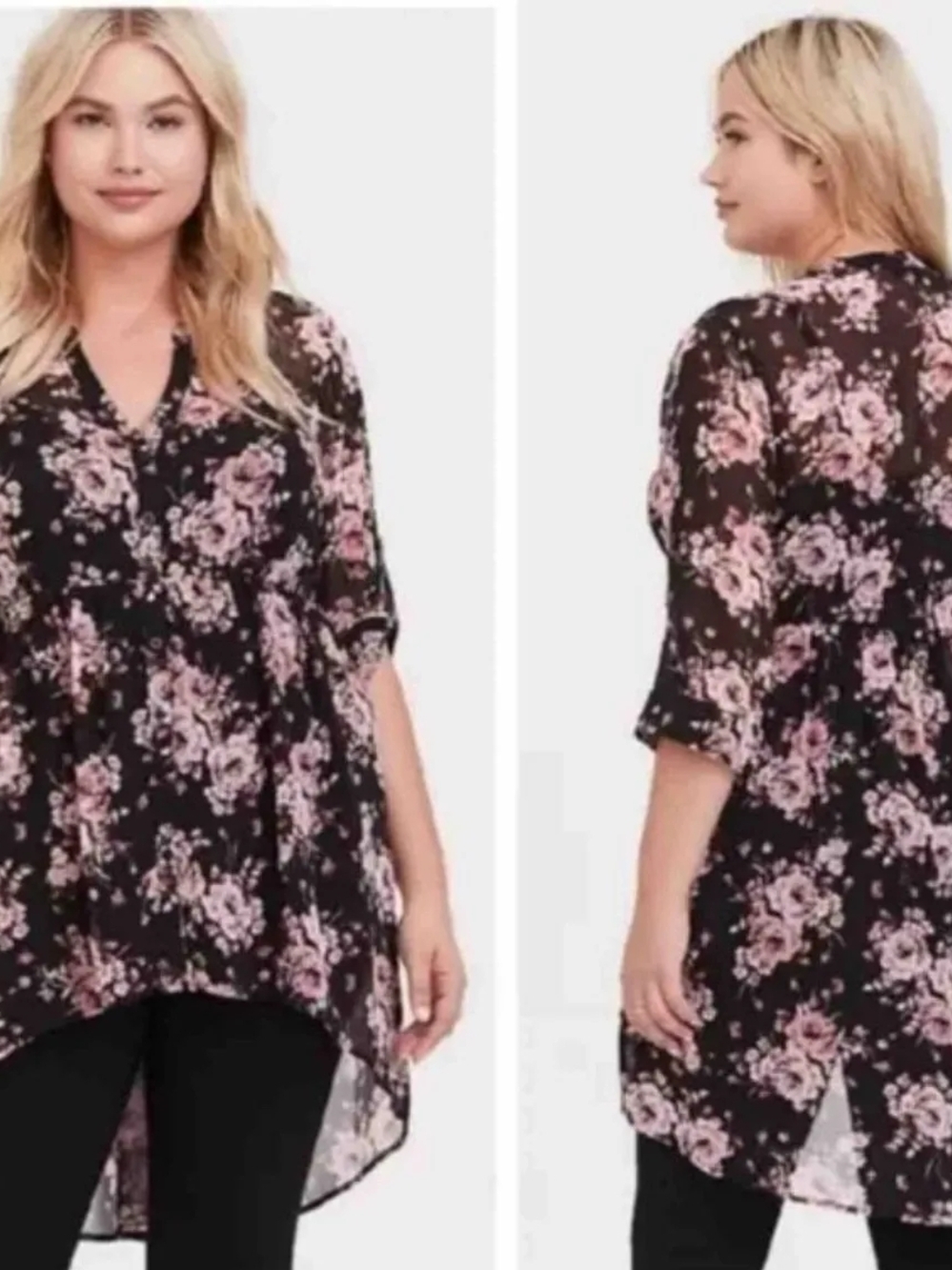 Torrid Floral Chiffon Hi-Lo Tunic Blouse Button Down Sz 0 Romantic Boho